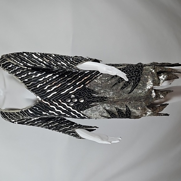 Vintage LeMieux Black Silver Metallic Beaded Sequined Art Deco Cocktail Dress - Picture 6 of 16